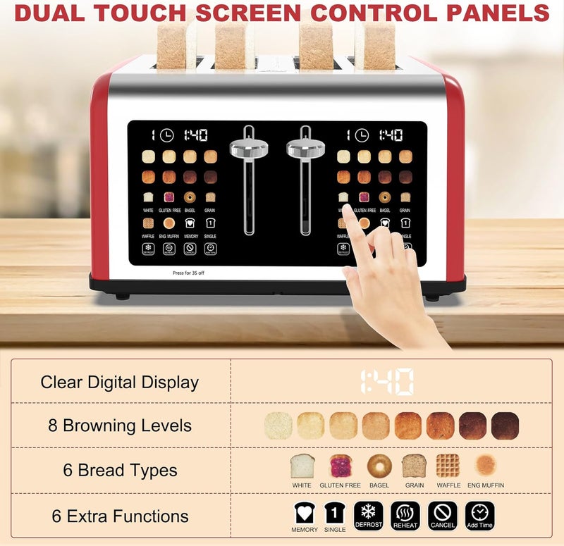Clixane 4 Slice Toaster Touch Screen, Stainless Steel Toasters Digital Timer, Dual Control Panel Toasters, 8 Shade Settings 6 Bread Types for Bagel, Cancel, Defrost 1650W Red - Image 5